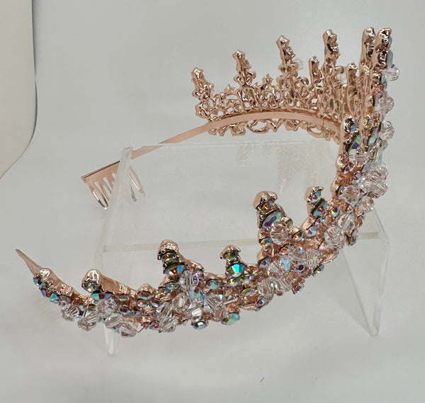 Rosegold tiara with clear and iridescent stones