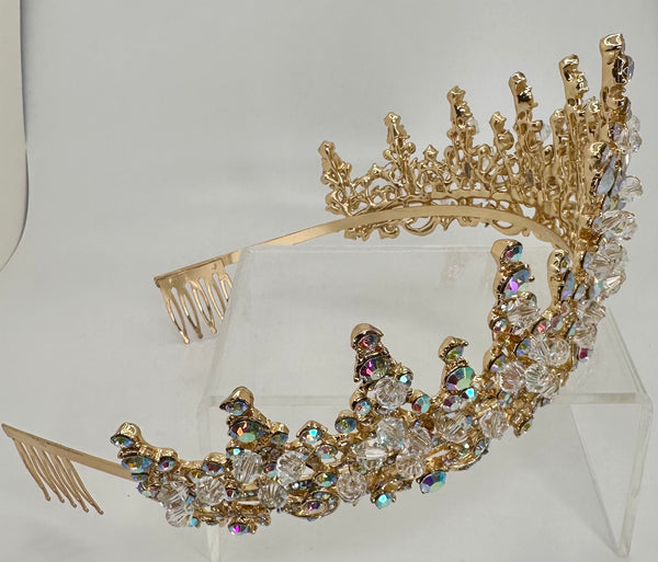 Gold Tiara with iridescent stones and crystals