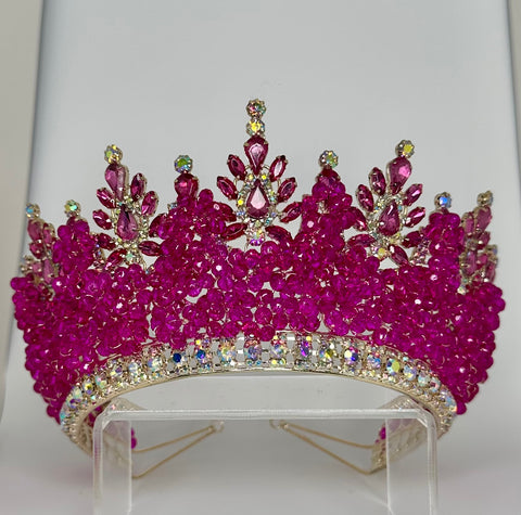 Gold crown/ tiara fuchsia crystals and stones