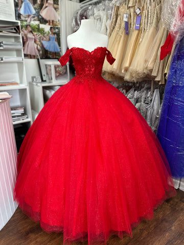 Red Quinceañera dress with off the shoulder straps. Size 4. See thru bodice.