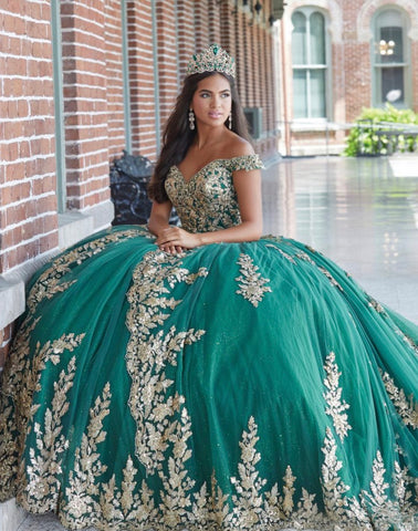 House of Wu Quinceañera Collection 26048 in Hunter green with gold details, size 8