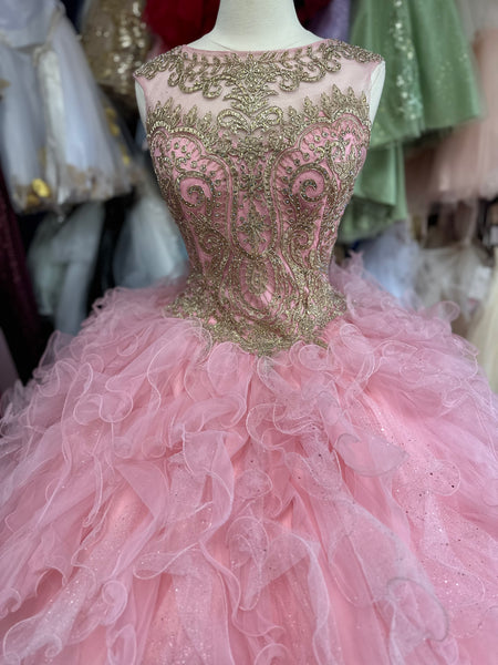 Quinceanera Collection style #26835 in pink with gold in size 12